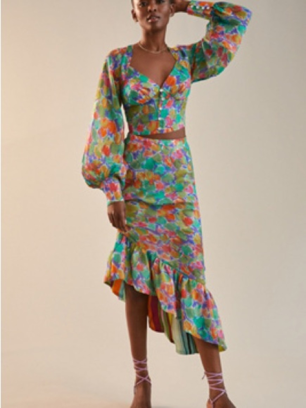 High-Low Floral Ruffle Midi Skirt - Multi Color